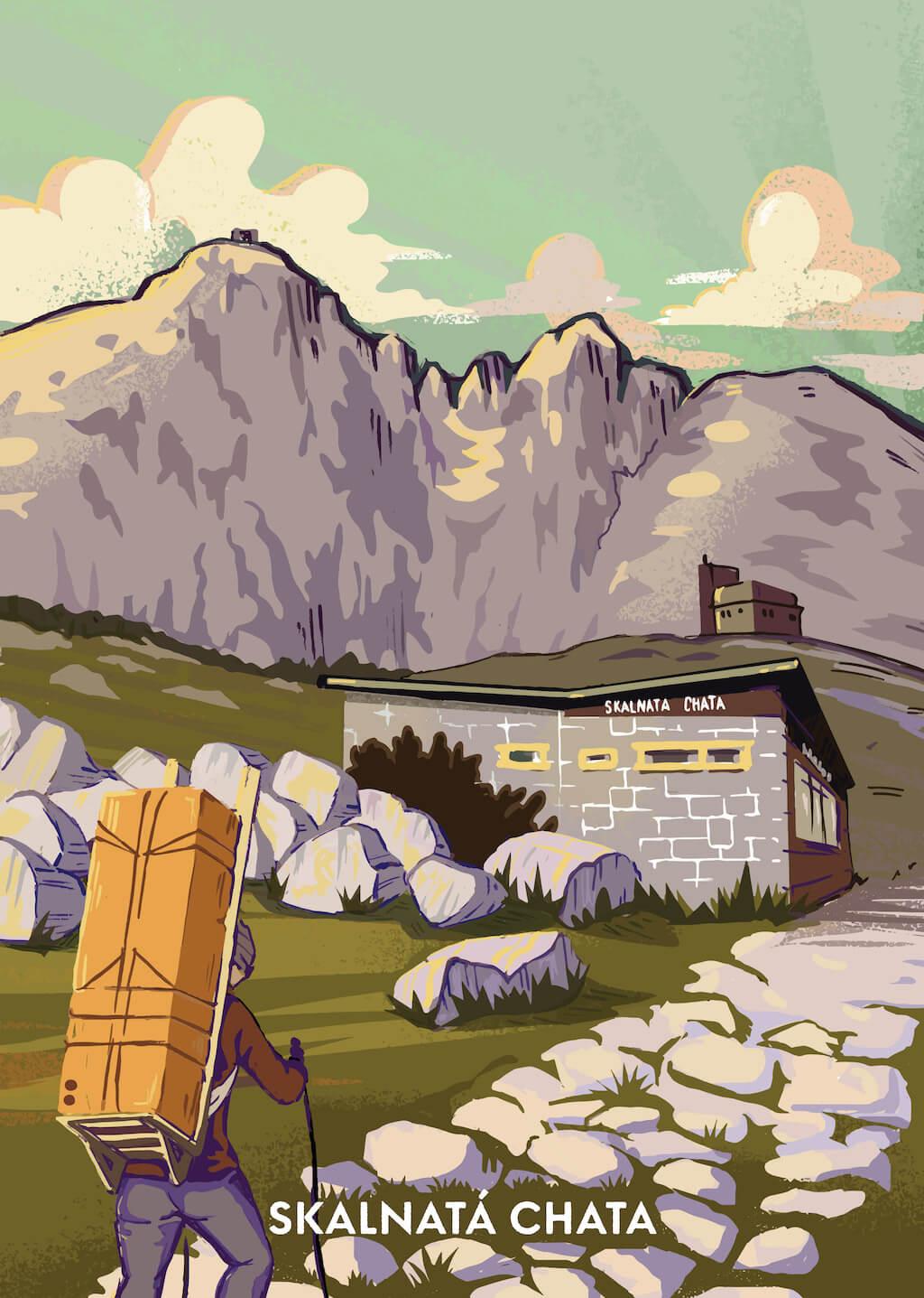 Poustr: Skalnatá chata, Laco Kulanga, Lomnický štít, Skalnaté pleso, Vysoké Tatry, poctivý slovenský plagát