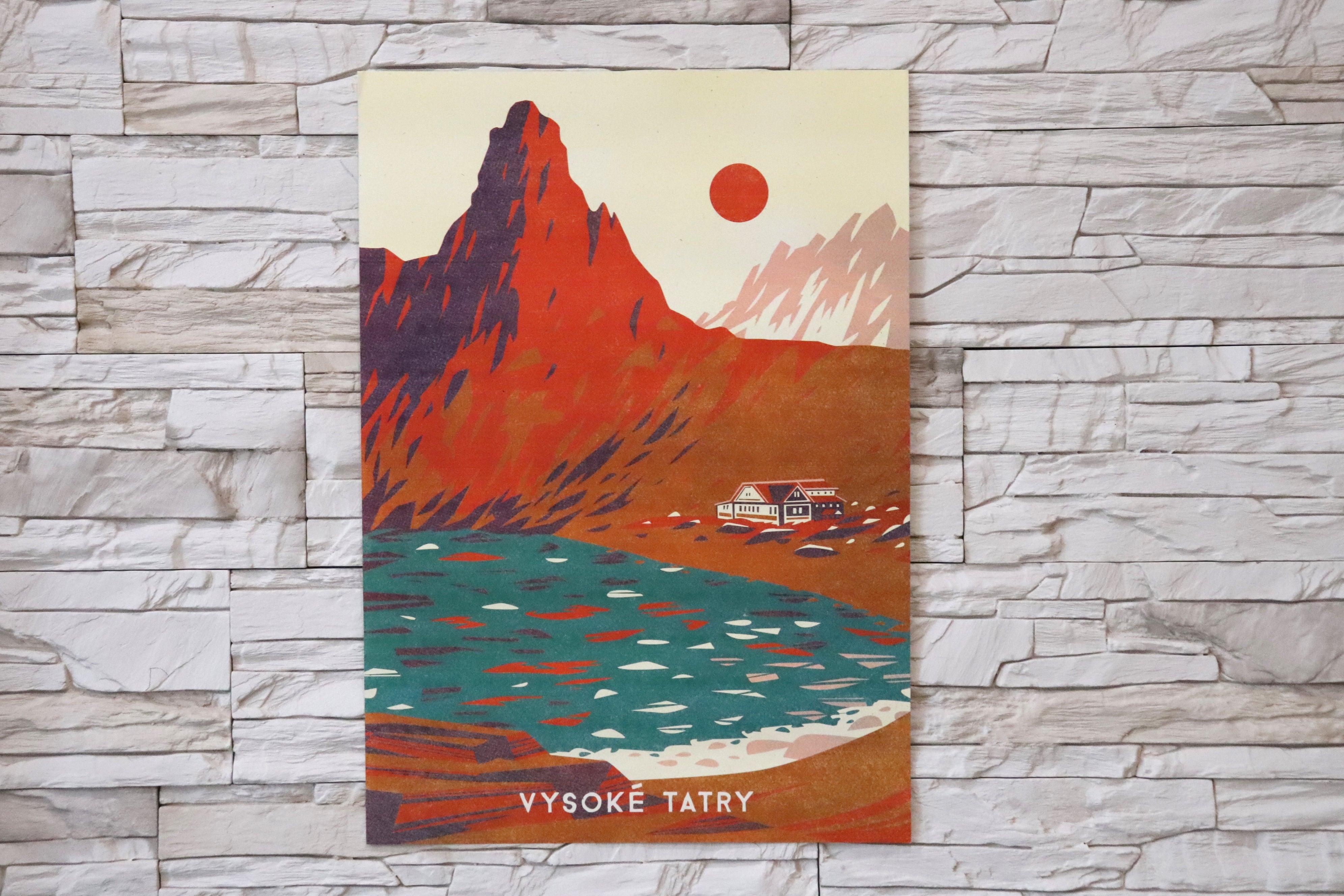 Poustr: Chata pri Zelenom plese, Adrián Macho, Brnčalka, Zelené pleso, Jastrabia veža, Jahňací štít, národný park, Vysoké Tatry, TANAP, poctivý slovenský plagát